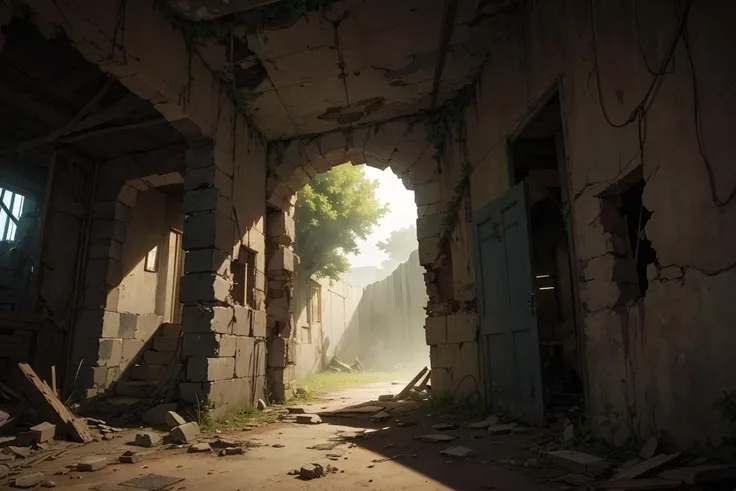 crumbling ruins entrance, stone, vines, god rays, overgrown, cinematic, atmospheric, dust particles, chiaroscuro