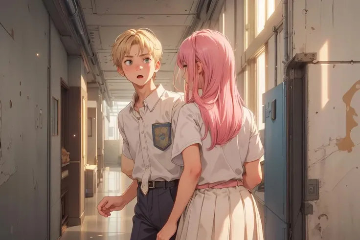 little boy and girl, school hallway, school uniform, <lora:CarthageTech:0.3> [carthagetech, solar age, gold mosaic], cinematic, atmospheric, dust particles, chiaroscuro BREAK blonde hair, boy, surprised BREAK pink hair, girl, back of head