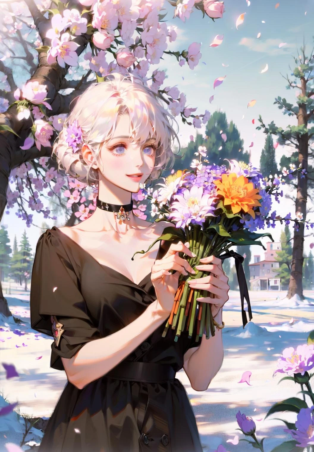 dongri, A beautiful girl, choker,Slender arms,ankle, detailed,(smile),
(A large number of petals and flowers:1.8),snow,winter,
Depth field, natural shading, RAW, highres, Canon EOS RP ,film grain, bokeh, lens flare, vibrant color , best quality, masterpiece, high resolution,intricate details,((realistic)),photographicï¼