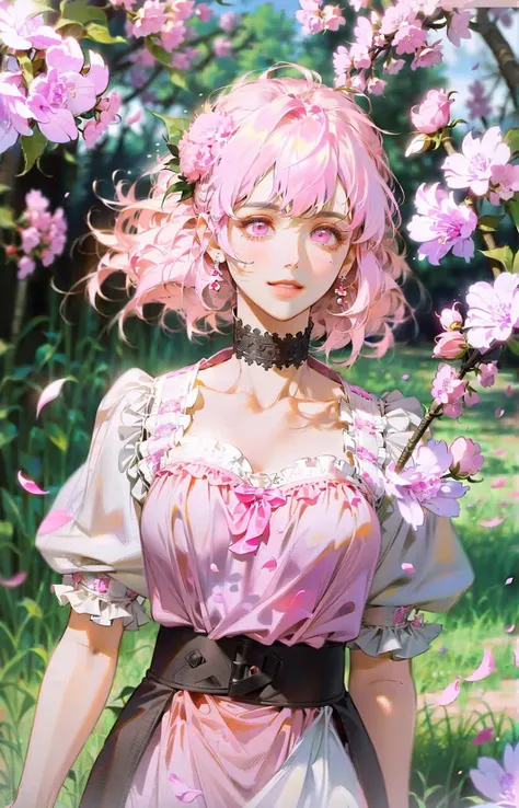 dongri, A beautiful girl holding flowers in her hand, choker,Slender arms,ankle, detailed,(smile),
(A large number of petals and pink flowers:1.8),
Depth field, natural shading, RAW, highres, Canon EOS RP ,film grain, bokeh, lens flare, vibrant color , best quality, masterpiece, high resolution,intricate details,((realistic)),photographicï¼