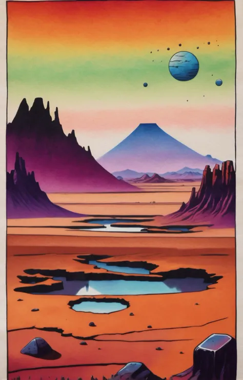 colorful abstract geometric gradients, landscape inkdrawing, alien landscape as a cold desert with rusty iron in its ground, rocky landscape with canyons, volcanoes and dry lake beds, dust storms, an electrical storm, at dawn, (with a weird alien structures in the background:1.2), <lora:SDXL_Inkdrawing_v1:1>