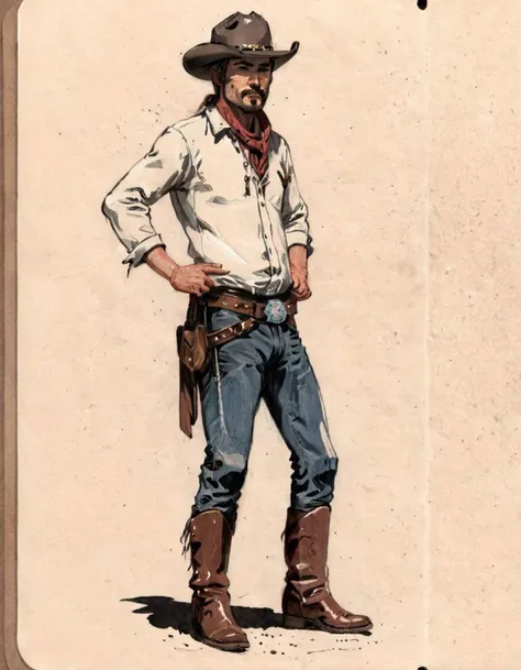 art by terry moyle,, Inkdrawing, concept art, cowboy, hero pose, <lora:SDXL_Kr355e_v1:0.5> <lora:SDXL1.0-LoRa_TerryMoyle_&_RosieLouise_Style_v0.1:1> <lora:jhs_lora_charcoal style:0.65>, full body
 <lora:ClassipeintXL:0.65> <lora:PaintSTYLE_XL-v1:0.35> <lora:arknights_bg_sdxl:0.65> <lora:coloredpencil_xl-v3:0.35>