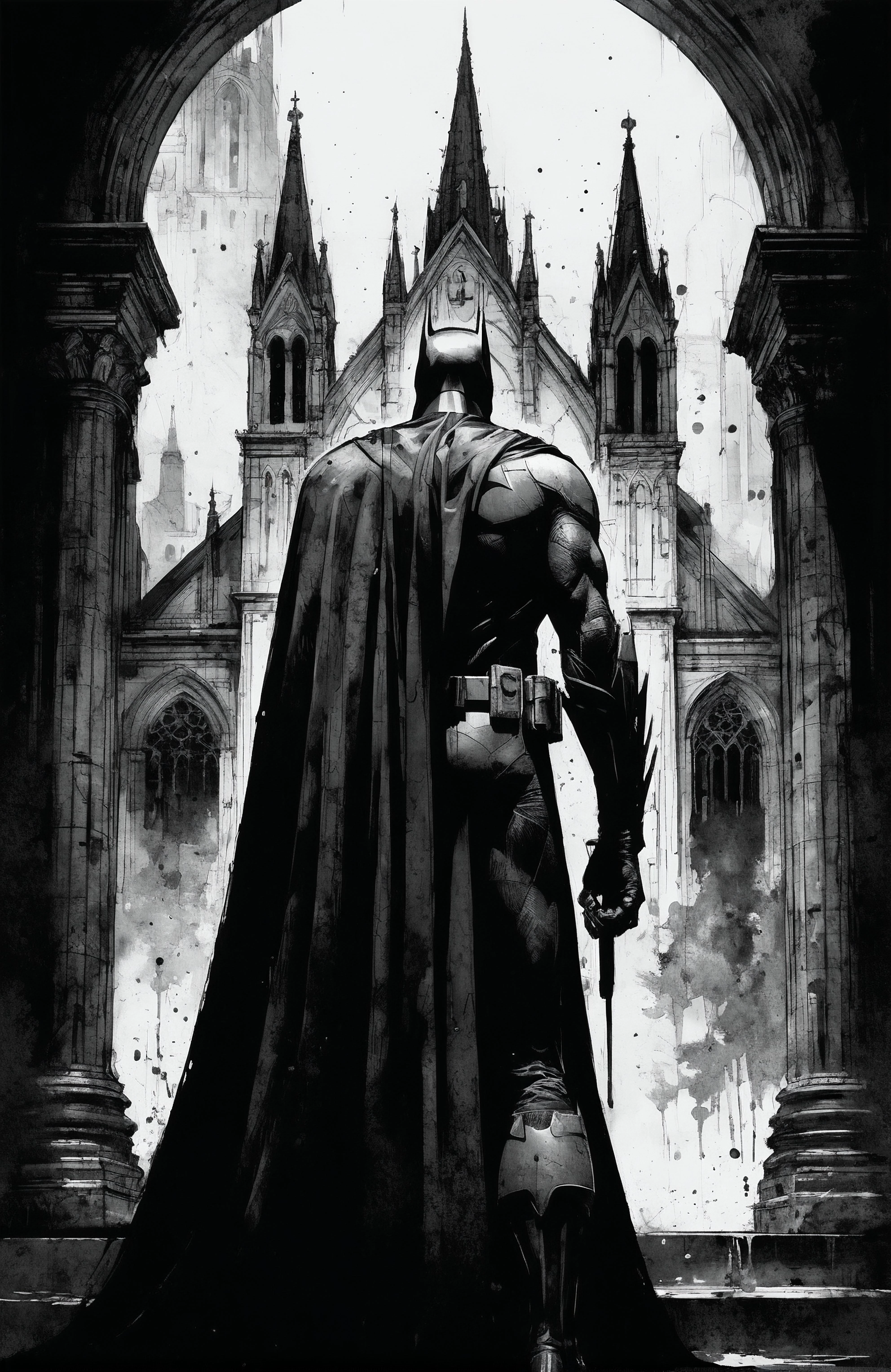 Create a black and white line drawing from a comic book in the distinctive dirty and avant-garde style of (Dave McKean:1.3), with Batman inside a gigantic gothic cathedral wearing his iconic cloak. The illustration should be rendered primarily in black and blue, with occasional pops of white to create a sense of depth and atmosphere. The perspective is immense. Batman is seen from behind.
Digital concept art with a touch of dramatic mood & color, painted in a dirty way, with stains.
painting, details, stains, intricate, artstation, 4K, oil painting <lora:add-detail-xl:0.8> <lora:SDXL_Kr355e_v1:0.4> Inkdrawing