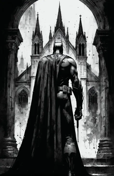 Create a black and white line drawing from a comic book in the distinctive dirty and avant-garde style of (Dave McKean:1.3), with Batman inside a gigantic gothic cathedral wearing his iconic cloak. The illustration should be rendered primarily in black and blue, with occasional pops of white to create a sense of depth and atmosphere. The perspective is immense. Batman is seen from behind.
Digital concept art with a touch of dramatic mood & color, painted in a dirty way, with stains.
painting, details, stains, intricate, artstation, 4K, oil painting  <lora:add-detail-xl:0.8> <lora:SDXL_Kr355e_v1:0.4> Inkdrawing