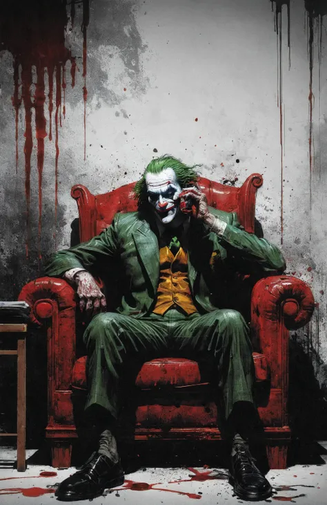 Create a line drawing from a comic book in the distinctive dirty and avant-garde style of (Dave McKean:1.3), with Joker, Batman's archenemy sitting in an armchair, drinking blood. The illustration should be rendered primarily in red and black, with occasional pops of white to create a sense of depth and atmosphere. In the background, we guess Joker is inside his victim's house.
Digital concept art with a touch of dramatic mood & color, painted in a dirty way, with stains.
painting, details, stains, intricate, artstation, 4K, oil painting <lora:add-detail-xl:0.8> <lora:SDXL_Kr355e_v1:0.4> Inkdrawing