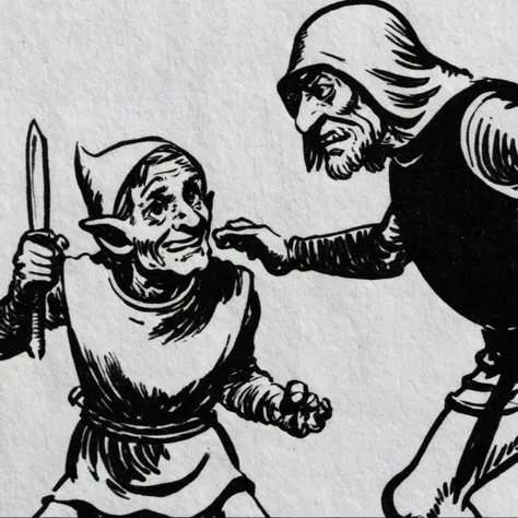inkdrawing goblin flying inkdrawing of old man knight shoving <lora:SDXL_Kr355e_v1:1>