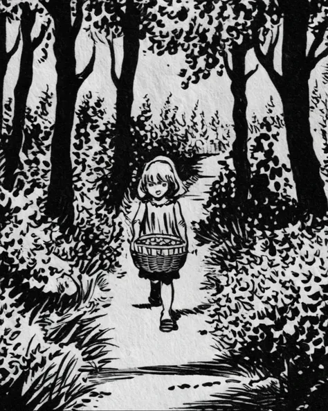comic (little girl with basket:1.2) (long path in the woods:1.5) forest sketch ink drawing <lora:SDXL_Inkdrawing_v1:1.2> , graphic illustration, comic art, graphic novel art, vibrant, highly detailed