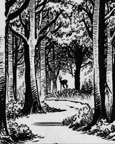 comic (long path in the woods:1.5) forest (deer:1.3) sketch ink drawing <lora:SDXL_Inkdrawing_v1:1.2>, graphic illustration, comic art, graphic novel art, vibrant, highly detailed