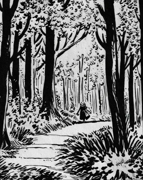 comic (little girl:1.2) (path in the woods:1.5) forest sketch ink drawing <lora:SDXL_Inkdrawing_v1:1.2> , graphic illustration, comic art, graphic novel art, vibrant, highly detailed