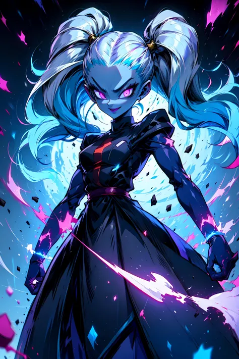 <lora:Marcarita_DB:0.8> marcarita_db, purple skin, blue skin, twintails, smile, <lora:r1ge - AnimeRage:1> r1ge, glowing, flying debris, magic, aura, energy, (cyan theme:1.2), dark art,