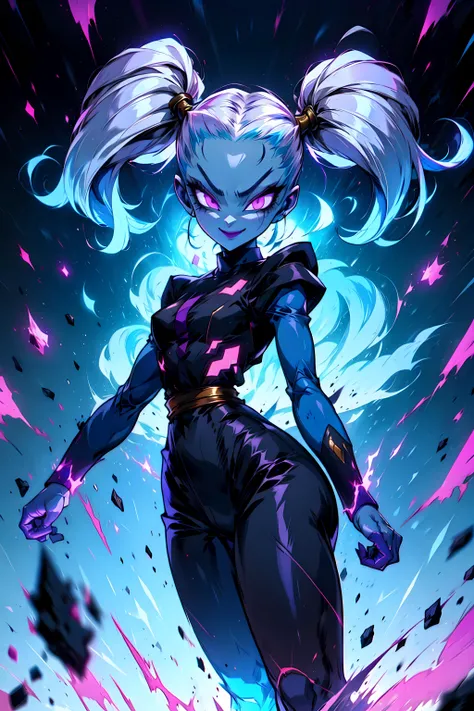 <lora:Marcarita_DB:0.8> marcarita_db, purple skin, blue skin, twintails, smile, <lora:r1ge - AnimeRage:1> r1ge, glowing, flying debris, magic, aura, energy, (cyan theme:1.2), dark art,