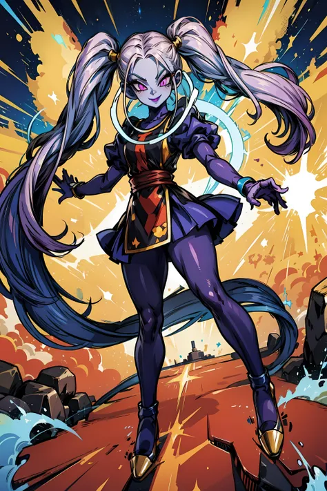 <lora:Marcarita_DB:0.8> marcarita_db, purple skin, blue skin, twintails, smile, full body,