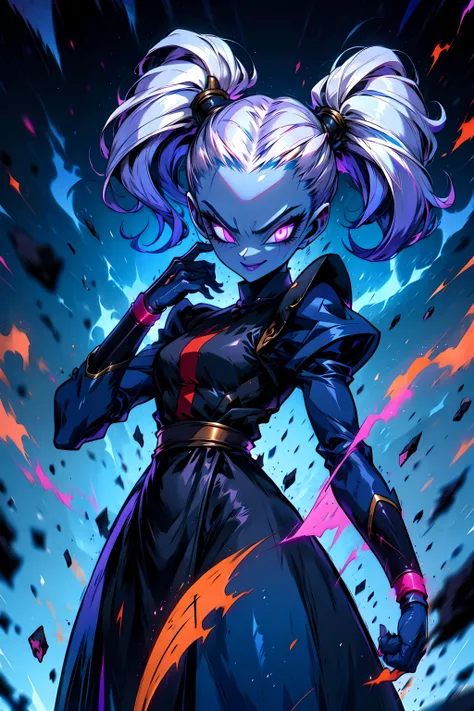 <lora:Marcarita_DB:0.8> marcarita_db, purple skin, blue skin, twintails, smile, <lora:r1ge - AnimeRage:1> r1ge, glowing, flying debris, magic, aura, energy, (dark blue theme:1.2), dark art,