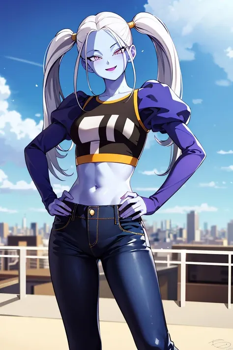 ((masterpiece,best quality)), absurdres,
<lora:Marcarita_DB:0.8>, Marcarita_DB, solo,  twintails, blue skin, blue crop top, black jeans, hand on hip, blushing, smiling, detailed eyes, cowboy shot,
city in background,