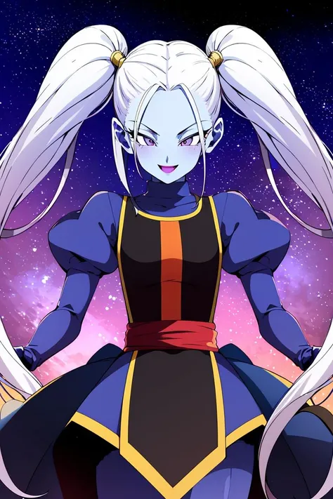 ((masterpiece,best quality)), absurdres,
<lora:Marcarita_DB:0.8>, Marcarita_DB, solo,  twintails, blue skin, blushing, smiling, detailed eyes, cowboy shot, 
space in background, cinematic composition,