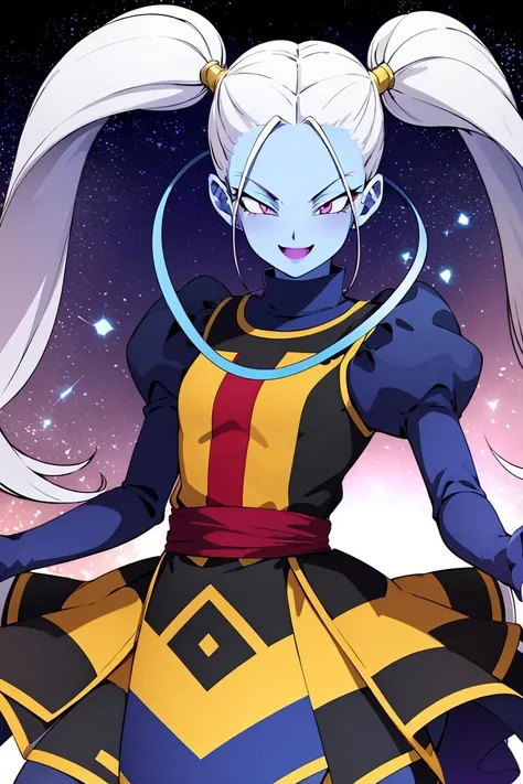 ((masterpiece,best quality)), absurdres,
<lora:Marcarita_DB:0.8>, Marcarita_DB, solo, twintails, blue skin, blushing, smiling, detailed eyes, cowboy shot,
space in background, cinematic composition,