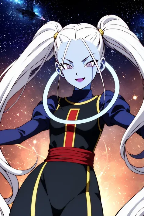 ((masterpiece,best quality)), absurdres,
<lora:Marcarita_DB:0.8>, Marcarita_DB, solo, twintails, blue skin, blushing, smiling, detailed eyes, cowboy shot,
space in background, cinematic composition,