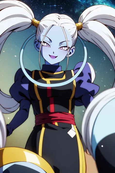 ((masterpiece,best quality)), absurdres,
<lora:Marcarita_DB:0.8>, Marcarita_DB, solo, twintails, blue skin, blushing, smiling, detailed eyes, cowboy shot,
space in background, cinematic composition,