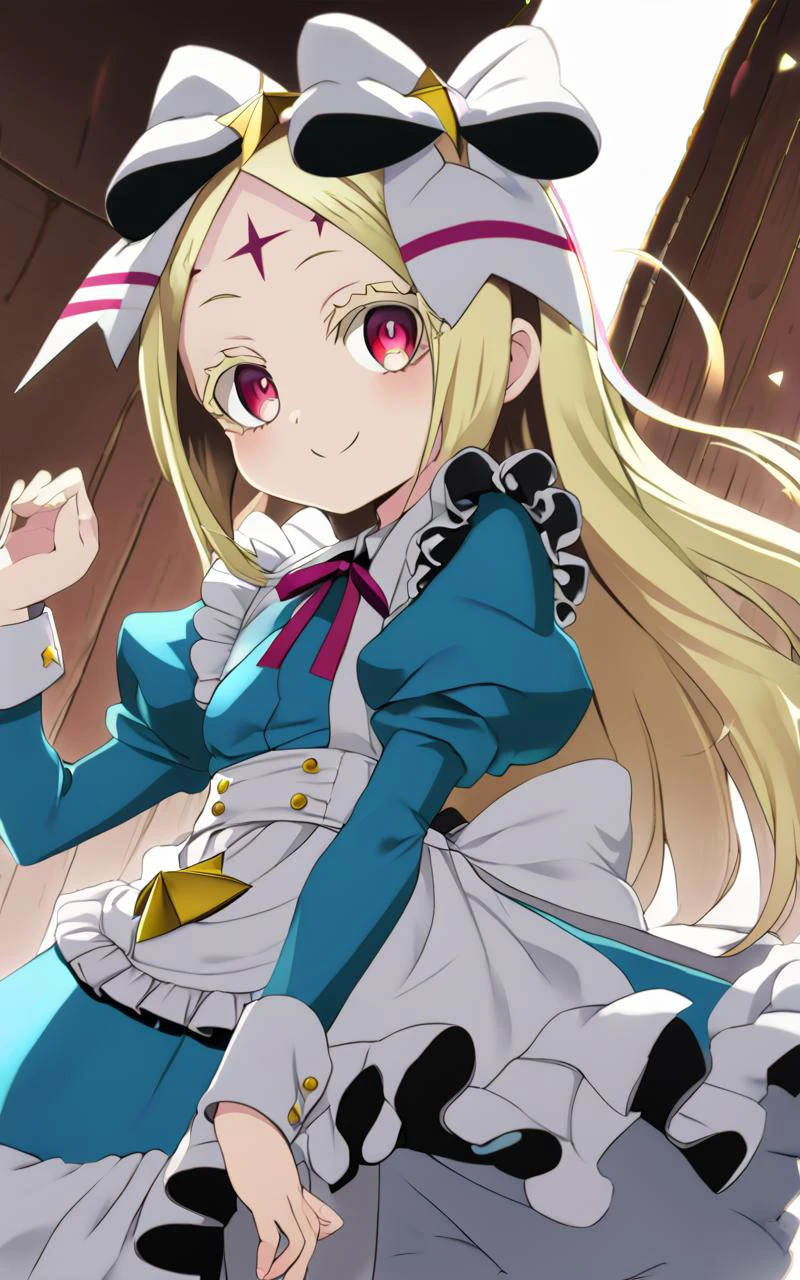 1girl, <lora:sdxl-ma-korisu:0.8> blonde hair, long hair, sidelocks, parted bangs, ruby eyes, blonde eyelashes, flat chest +++ nero alice, skyblue long maid dress, long sleeves, star (symbol), puffy sleeves, hair bow, white maid apron, white bow, ribbon, juliet sleeves, frills +++ smirk :o, hip focus, looking back, Low Angle, Top Light, extremely quality extremely detailed, illustration, cute anime face