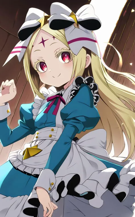 1girl, <lora:sdxl-ma-korisu:0.8> blonde hair, long hair, sidelocks, parted bangs, ruby eyes, blonde eyelashes, flat chest +++ nero alice, skyblue long maid dress, long sleeves, star (symbol), puffy sleeves, hair bow, white maid apron, white bow, ribbon, juliet sleeves, frills +++ smirk :o, hip focus, looking back, Low Angle, Top Light, extremely quality extremely detailed, illustration, cute anime face