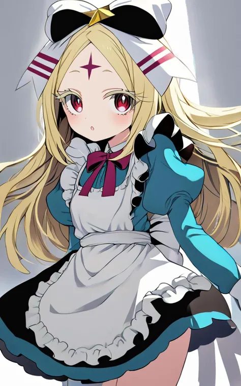 1girl, <lora:sdxl-ma-korisu:0.8> blonde hair, long hair, sidelocks, parted bangs, ruby eyes, blonde eyelashes, flat chest +++ nero alice, skyblue long maid dress, long sleeves, star (symbol), puffy sleeves, hair bow, white maid apron, white bow, ribbon, juliet sleeves, frills  +++ :3 :o, from side, looking at viewer, cowboy shot, High-Key Lighting, extremely quality extremely detailed, illustration, cute anime face