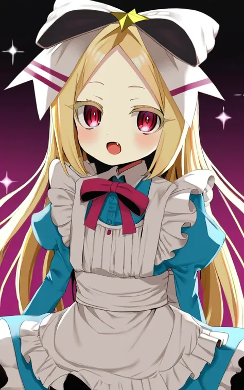 1girl, <lora:sdxl-ma-korisu:0.7> blonde hair, long hair, sidelocks, parted bangs, ruby eyes, blonde eyelashes, flat chest +++ nero alice, skyblue long maid dress, long sleeves, star (symbol), puffy sleeves, hair bow, white maid apron, white bow, ribbon, juliet sleeves, frills +++ Excited :o