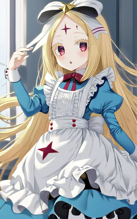 1girl, <lora:sdxl-ma-korisu:0.7> blonde hair, long hair, sidelocks, parted bangs, ruby eyes, blonde eyelashes, flat chest +++ nero alice, skyblue long maid dress, long sleeves, star (symbol), puffy sleeves, hair bow, white maid apron, white bow, ribbon, juliet sleeves, frills +++ smile :o