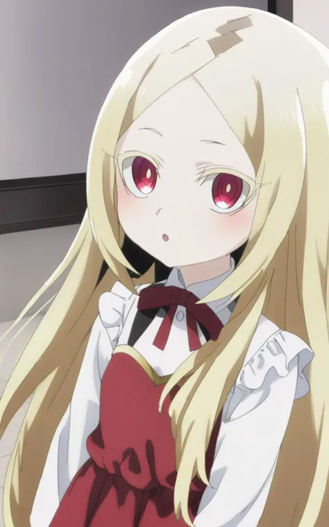 1girl, <lora:sdxl-ma-korisu:0.8> blonde hair, long hair, sidelocks, parted bangs, ruby eyes, blonde eyelashes, flat chest morino korisu :o