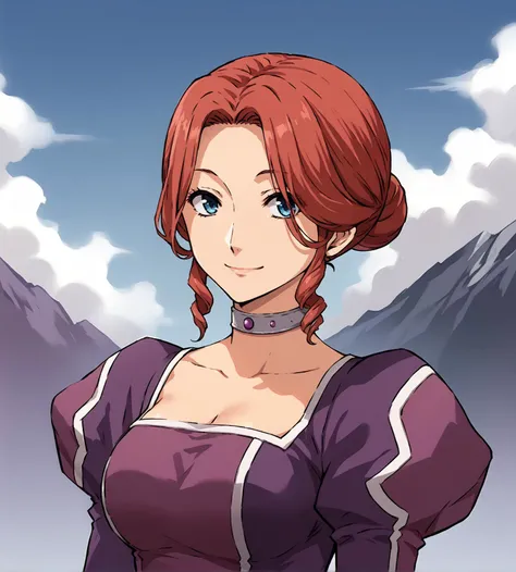score_9, score_8_up, score_7_up, score_6_up, score_5_up, score_4_up, BREAK,
source_anime, rating_safe
<lora:TrailsFromZeroToAzure:0.9>, Sophia Hayworth, red hair, blue eyes, single hair bun, hair bun, drill hair, large breasts, choker, purple dress, long dress, long sleeves, puffed sleeves,
looking at viewer, smile, upper body, portrait,
1girl, outdoors, sky, clouds, distant mountains,