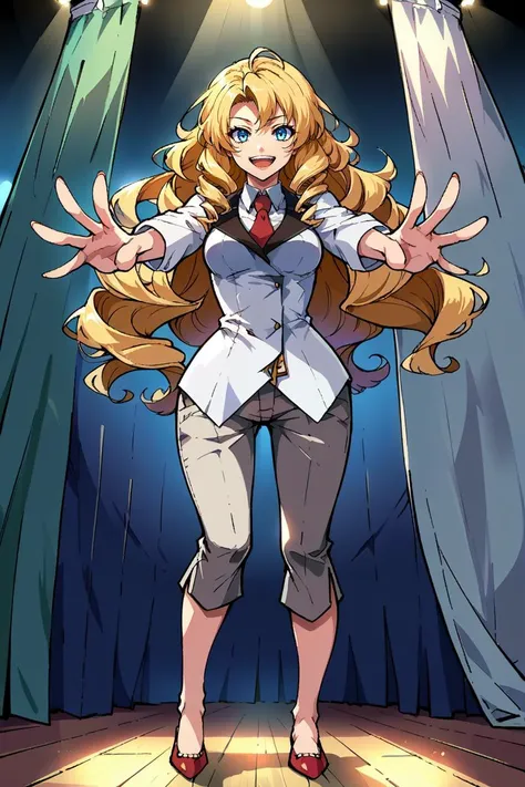 score_9, score_8_up, source_anime, 1girl, solo BREAK <lora:TrailsFromZeroToAzure:0.9>, Ilya Platiere, long hair, blonde hair, drill hair, blue eyes, medium breasts, white top, black undershirt, red necktie, grey pants, red high heels, golden chain, jewelry, outstretched hand, stage, spotlight, theater, curtains, furrowed brow, smile, open mouth, looking at viewer, from below