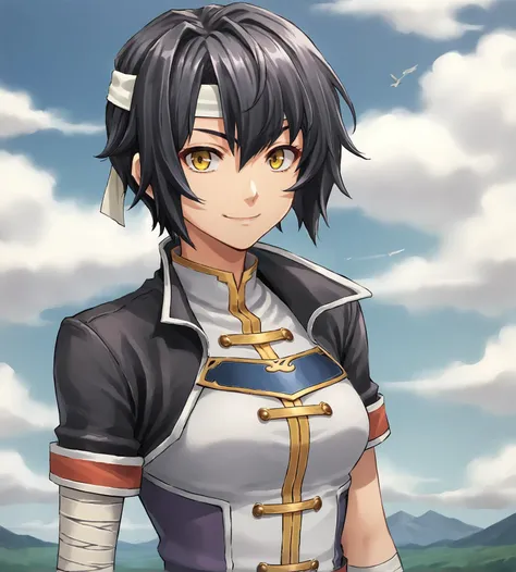 score_9, score_8_up, score_7_up, score_6_up, score_5_up, score_4_up, BREAK,
source_anime, rating_safe
<lora:TrailsFromZeroToAzure:0.9>, Lynn, black hair, short hair, yellow eyes, white headband, jacket, orange shorts, black sleeves, short sleeves, black socks, sneakers, gloves, arm bandages,
looking at viewer, smile, upper body, portrait,
1girl, outdoors, sky, clouds, distant mountains,