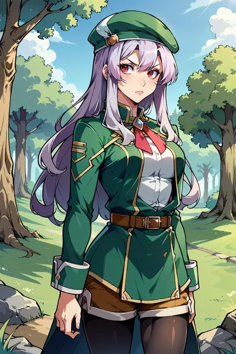 score_9, score_8_up, source_anime, 1girl, solo BREAK  <lora:TrailsFromZeroToAzure:0.7>, Aeolia, lavender hair, long hair, red eyes, medium breasts, green beret, hat, green dress, green coat, black pantyhose, white shirt, brown shorts, serious, forest, trail, blue sky, looking to the side, three-quarters view, cowboy shot