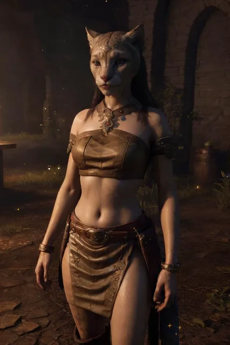 Award-winning photography of a beautiful, mighty Khajiit-Female, wearing a miniskirt and crop top, standing in enchanted ruins by night, cowboy shot, hyper realistic, intricate details, colorful, sparkles, shining, ultra sharp, realism, <lora:Khajiit-female:0.8>