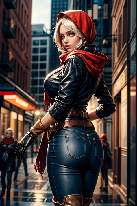 (ultra realistic,32k, masterpiece:1.2),(high detailed skin:1.1),( high quality:1.1),
<lora:Najd:0.5>(despair:1.1),najdms,white hair, orange eyes, hood, gloves, scarf, jewelry, belt, black gloves, red scarf, jacket, boots, A place that was once inhabited by beings from another world blurry background,(looking at viewer, Bend forward:1.1),, (huge breast,large breast:1.1),<lora:add_detail:0.87>,
(backlight:1.1),