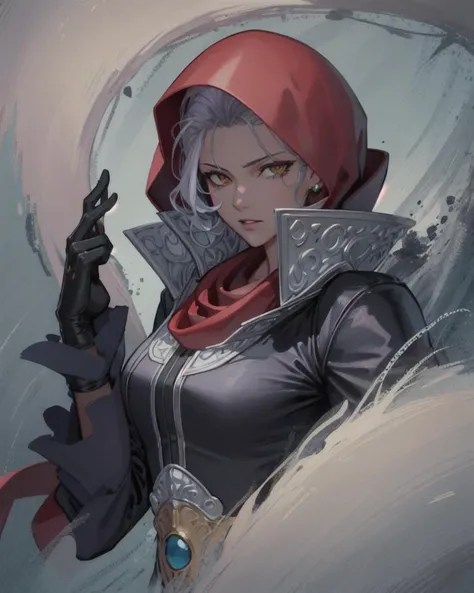 (masterpiece, best quality, high resolution, unity 8k wallpaper, extremely detailed CG:1), (illustration:1.0), portrait, 1girl, najdms, hood, gloves, scarf, jewelry, belt, black gloves, red scarf, l<lora:NajdMS:1.2>