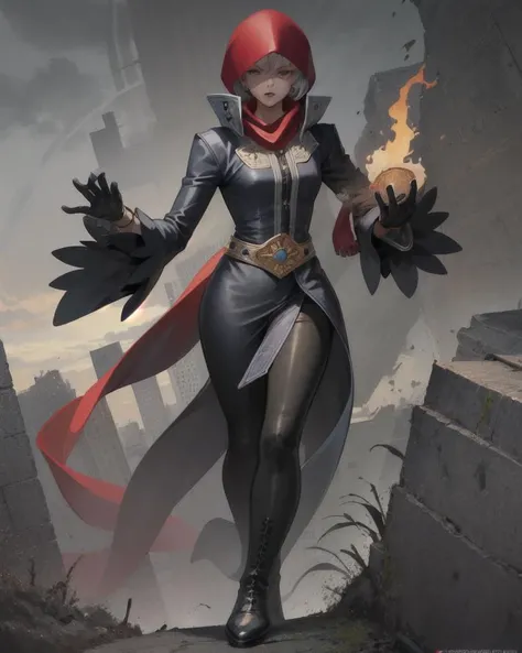 (masterpiece, best quality, high resolution, unity 8k wallpaper, extremely detailed CG:1), (illustration:1.0), 1girl, najdms, hood, gloves, scarf, jewelry, belt, black gloves, red scarf, jacket, boots , duster, jacket, <lora:NajdMS:1>