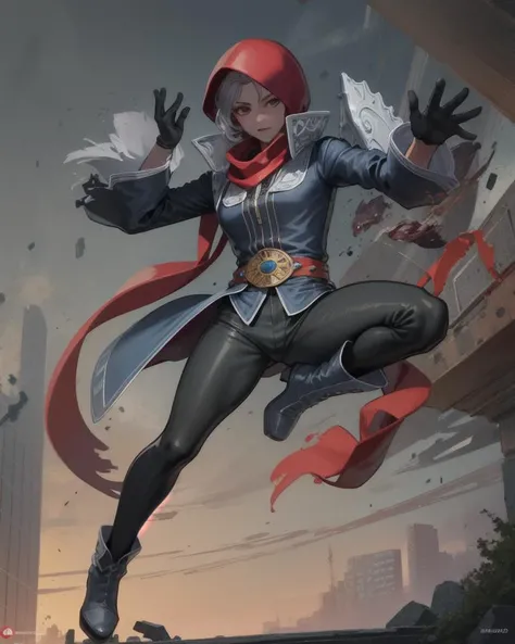 (masterpiece, best quality, high resolution, unity 8k wallpaper, extremely detailed CG:1), (illustration:1.0), 1girl, najdms, hood, gloves, scarf, jewelry, belt, black gloves, red scarf, jacket, boots <lora:NajdMS:1>