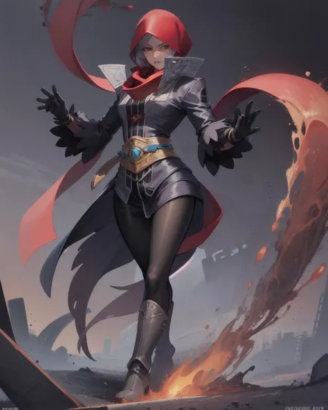 (masterpiece, best quality, high resolution, unity 8k wallpaper, extremely detailed CG:1), (illustration:1.0), 1girl, najdms, hood, gloves, scarf, jewelry, belt, black gloves, red scarf, jacket, boots , duster, jacket,   <lora:NajdMS:1>