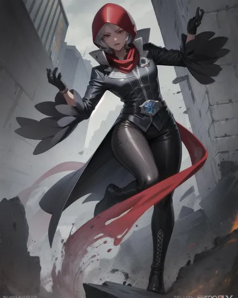 (masterpiece, best quality, high resolution, unity 8k wallpaper, extremely detailed CG:1), (illustration:1.0), 1girl, najdms, hood, gloves, scarf, jewelry, belt, black gloves, red scarf, jacket, boots , duster, jacket, <lora:NajdMS:1>