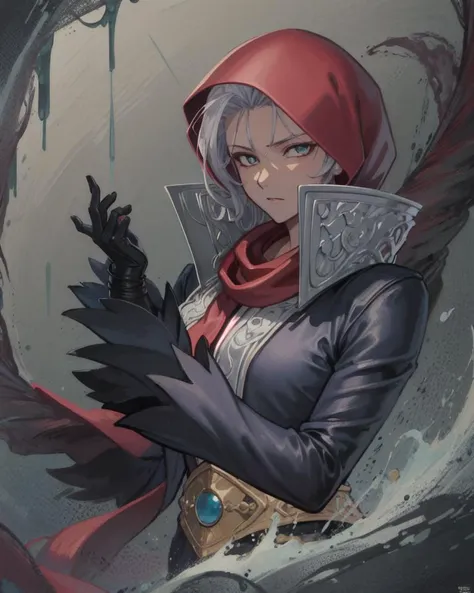 (masterpiece, best quality, high resolution, unity 8k wallpaper, extremely detailed CG:1), (illustration:1.0), portrait, 1girl, najdms, hood, gloves, scarf, jewelry, belt, black gloves, red scarf, l<lora:NajdMS:1.2>