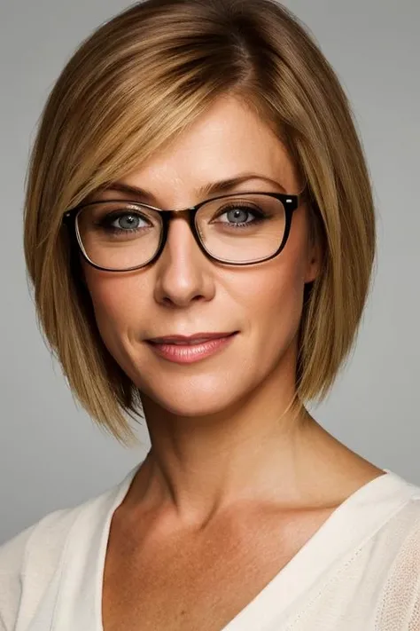 portrait, highly detailed front view photo, natural woman, high quality photo, perfect details and textures, perfect composition, perfect lighting, <lora:xxevais-16:1> 40 yo blonde xxevais with glasses and short hair