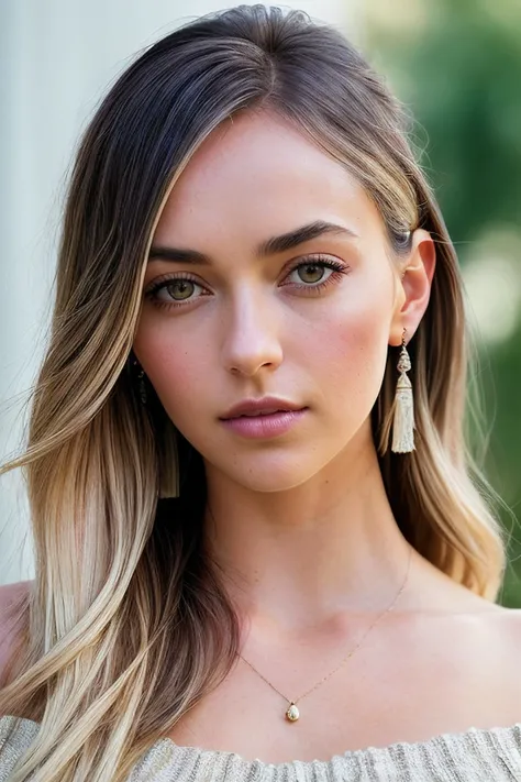 beautiful woman (EPWh1tn3yTh0rnqv1st:.99), perfect hair, jewellery, ((portrait)), (closeup:1.2), ((from the waist up)), (((  A vibrant, contemporary art museum, filled with a variety of modern art pieces and a bright, minimalist design :1.2 ))), natural skin texture,  ((  Knit skirt and off-the-shoulder top :1.2)), (( wearing Tassel Earrings :1.4  )) , 24mm, 4k textures, soft cinematic light, adobe lightroom, photolab, hdr, intricate, elegant, highly detailed, sharp focus, ((((cinematic look)))), soothing tones, absurdres, insane details, intricate details, hyperdetailed, low contrast, soft cinematic light, exposure blend, hdr, faded, now, ("I've got a bad feeling about this.":1.1)