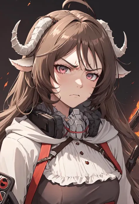 best quality, masterpiece, highres, solo, (eyjafjalla_arknights:1.10), angry, annoyed, portrait, looking at viewer, 38 <lora:eyjafjalla_arknights:0.80>