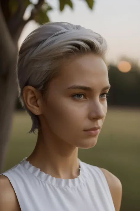 (photograph, hyperrealism, masterpiece, 8k:1.3), 1girl, Solomon Islander, ripped, (nsfw:1.3), white dress, spiky pixie hair, coy, treehouse, Sunrise Lighting, The soft, gradual light of a sunrise, symbolizing new beginnings and hope, trending on Saatchi Art, concept art, shot by richard avedon, close-up, <lora:sldr3ssng:0.7>