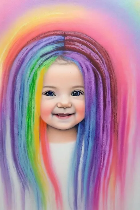 masterpiece, best quality, realistic,  one baby girl hair blends into it, (pastel paint rainbow the girl:1.2), smile, full body