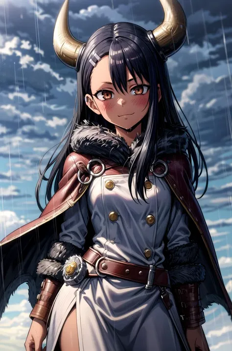 (masterpiece, best quality, detailed), 1girl, solo, nagatoro hayase, hair ornament, brown eyes, hairclip ,dark skin, black hair, looking at viewer,
<lora:AncientVikings:0.9>, ancient viking, viking helmet, horned helmet, fur trim, helmet, outdoors, lightning, rain, cloudy sky, wet, storm, wind, contrapposto, smug