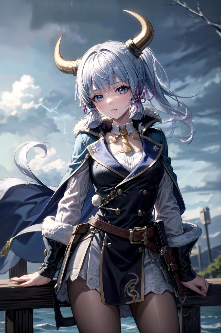 (masterpiece, best quality, detailed), 1girl, solo, kamisato_ayaka, blunt bangs, long hair, ribbon, hair ornament, sidelocks, hair ribbon, ponytail, mole under eye, white hair, looking at viewer,
<lora:AncientVikings:0.9>, ancient viking, viking helmet, horned helmet, fur trim, helmet, outdoors, lightning, rain, cloudy sky, wet, storm, wind, contrapposto, parted lips