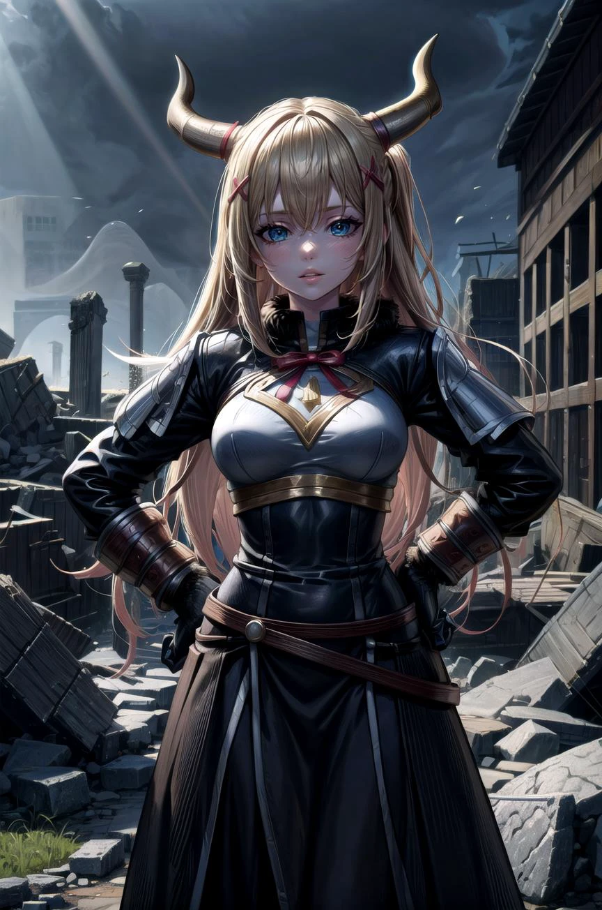 (masterpiece, best quality, detailed), 1girl, solo, long hair, blonde hair, x hair ornament, blue eyes, ponytail, hair ornament, braid, darkness \(konosuba\), large breasts, looking at viewer,
<lora:AncientVikings:0.9>, ancient viking, viking helmet, horned helmet, fur trim, helmet, ruins, overgrown, rubble, pillar, outdoors, building, light rays, fog, hands on hips, parted lips