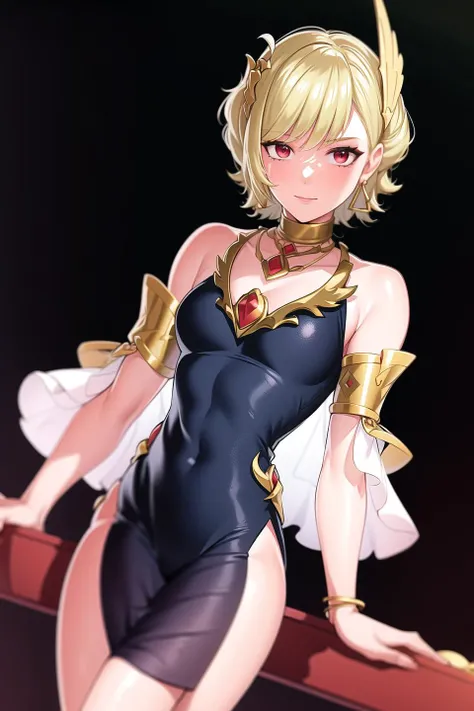 "Middle aged European woman with blonde hair, short hairstyle, White skin, slim figure, detailed facial features, round black eyes, wearing a cream colored bikini, looking towards the camera with a captivating and radiant expression, showing off his attractive physique."