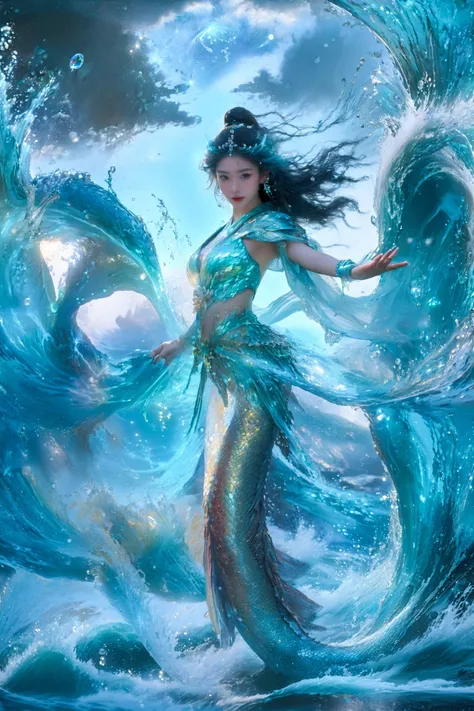 ((masterpiece))), (((best quality))), ((super detailed)), ((extremely delicate and beautiful)),cinematic light, Dynamic Angle, Perspective, High Point,1girl,mermaid princess v2, hair ornament,long hair, see-through, glowing, looking at viewer, particles, sparkles, bubble, blue, Shells, fish, jellyfish, pearls, starfish, ocean, wave, water, water drop, fisheye, motion blur, ,on the sea,sea,a towering wave,spray,full of water splashes,sky,cloud, colorful, yushui,<lora:fanguang:0.1><lora:OilPaint:0.2>(style by nty:1.25) <lora:mermaid princess v_20240128213528:0.6> colorful, <lora:add_detail:0.2>yushui <lora:御水_V3:0.2><lora:epiNoiseoffset_v2:0.35><lora:neg4all_bdsqlsz_V3.5:0.5>
<lora:MengX_girl_Mix_V40:0.4>